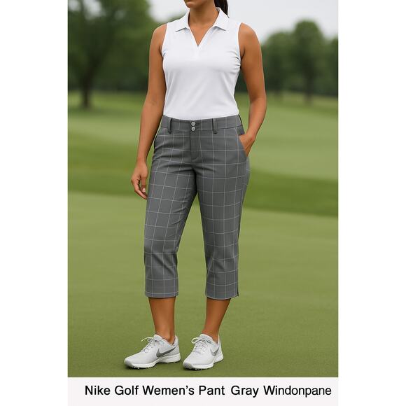 Nike Golf Pants Size 8 Gray Windowpane Plaid Dri-Fit Cropped Capris Activewear - Picture 1 of 15